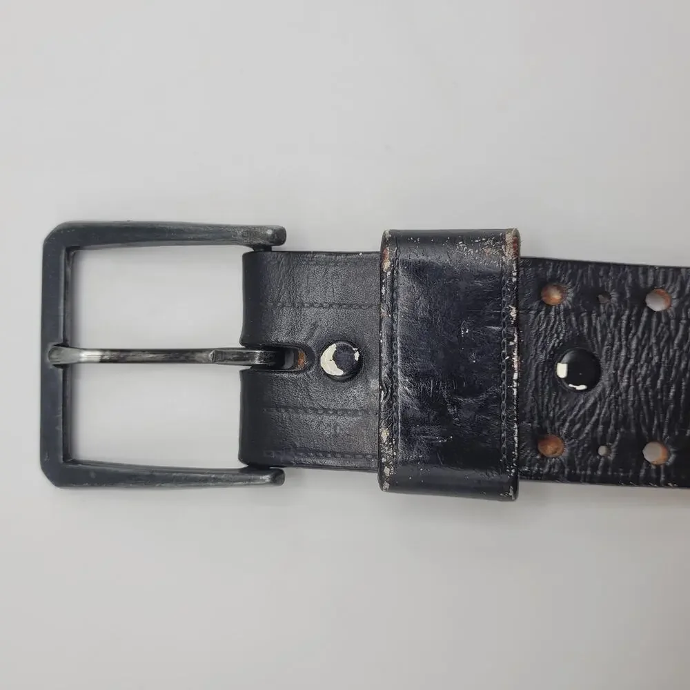 Black Leather Belt Mens 34 Perforated Industrial Utilitarian Edgy Punk Goth Wide
